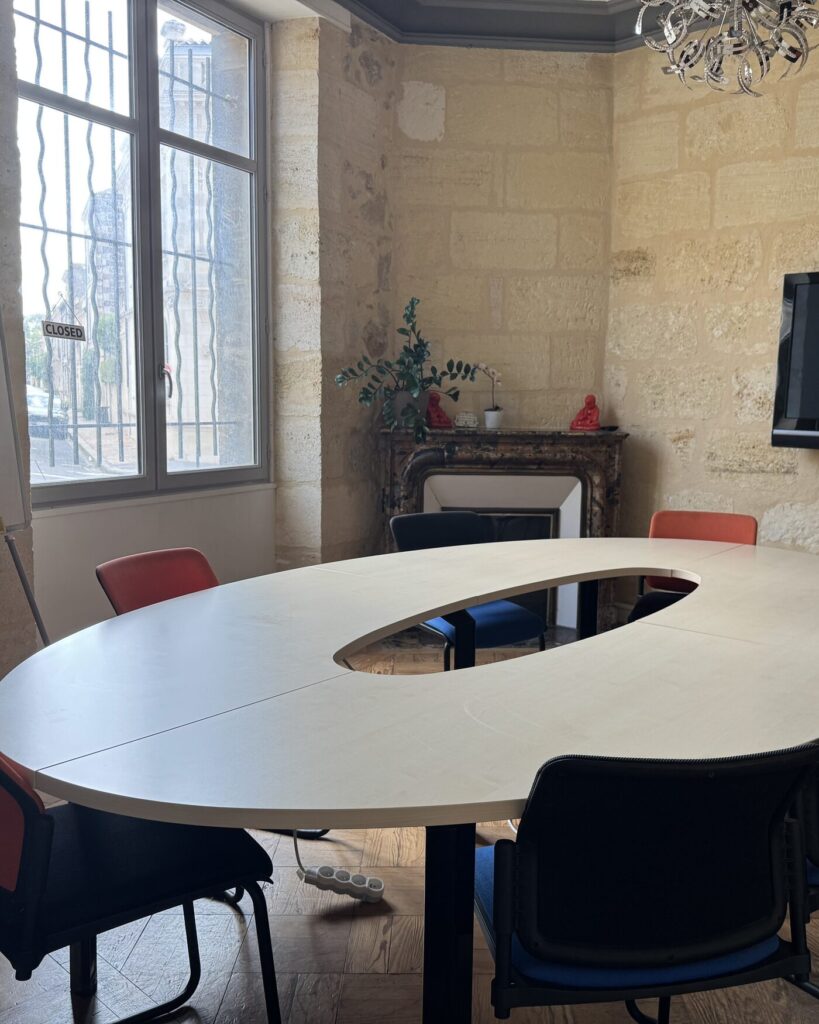 Salle de réunion avec table ovale et mur en pierre, coworking WorkingPlace à Bordeaux